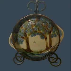 Art Pottery Serving Dish Bowl Artist Signed Bowl w/Handles Woodland Scene